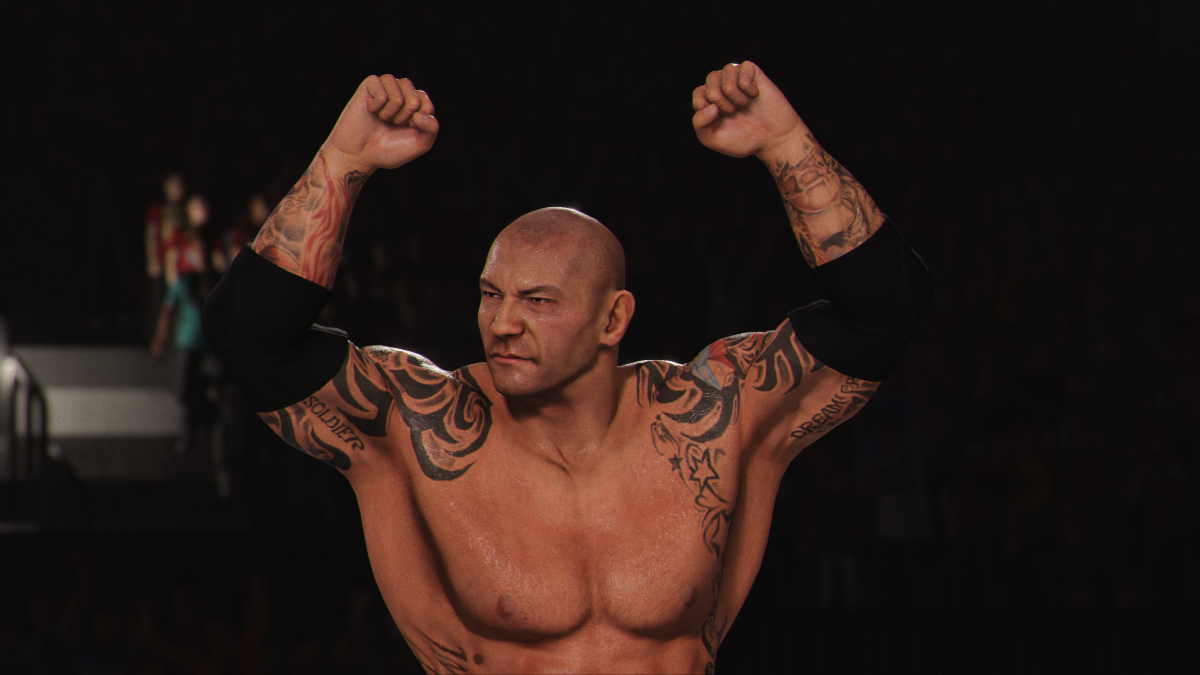 Batista celebrating victory in WWE 2K24.