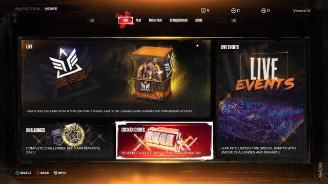 The MyFACTION game mode in WWE 2K24 showing the Locker Code redeem section.