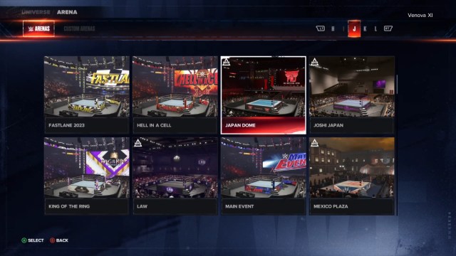 A screenshot showing playable arenas in WWE 2K24.