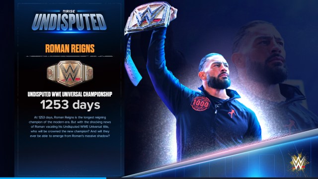 A story screen for MyRISE showing Roman Reigns in WWE 2K24.
