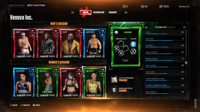 The MyFACTION management screen in WWE 2K24.