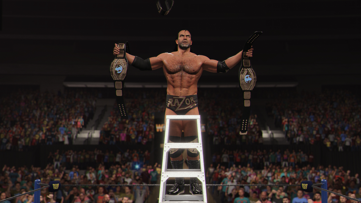 Razor Ramon atop a ladder celebrating in WWE 2K24.