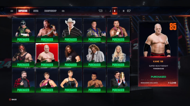 A screenshot showing some of the purchasable Superstars in WWE 2K24.