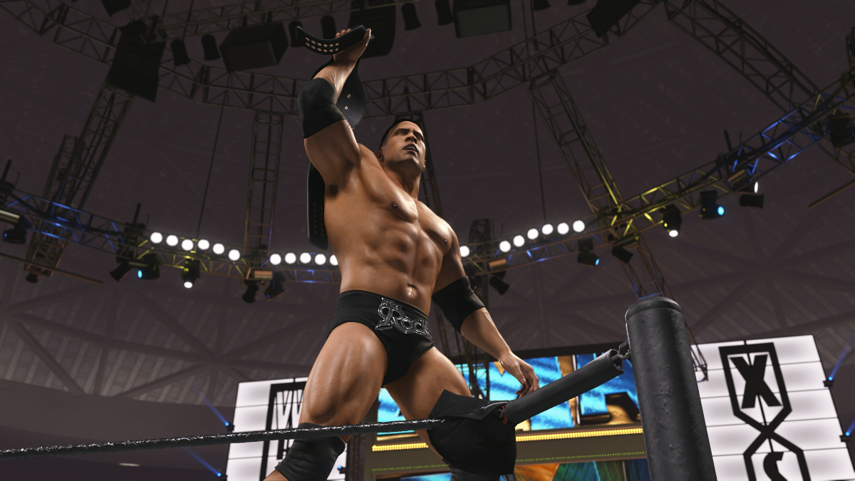 The Rock holding up a belt at WrestleMania in WWE 2K24.