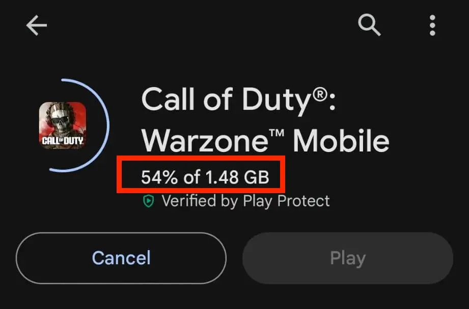 Warzone Mobile's initial download size.