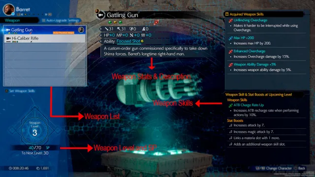 FF7R's Weapon Upgrade menu dissected with arrows