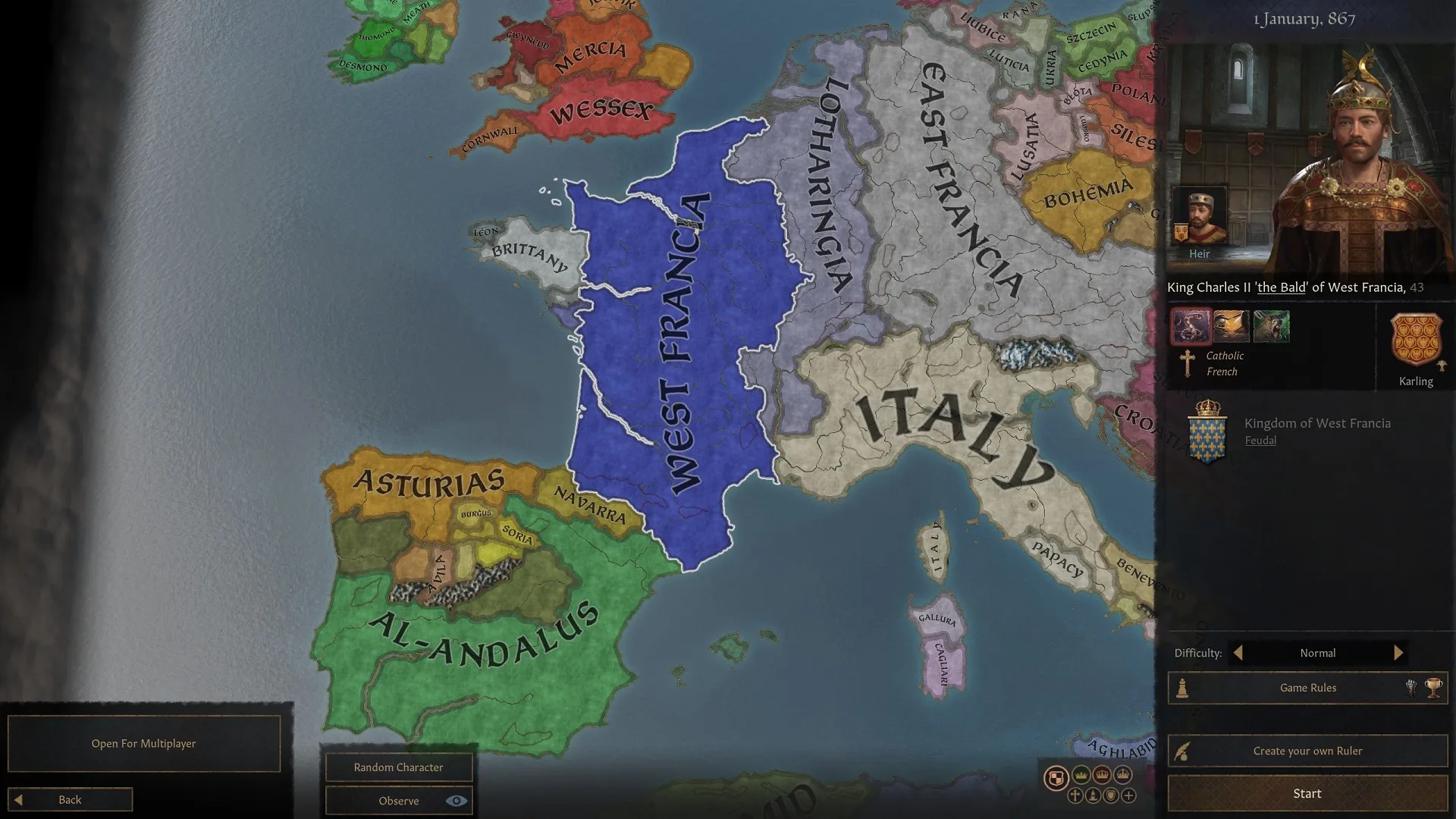 An image of the West Francia start in Crusader Kings 3.