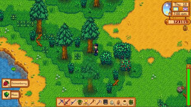 Standing next to trees in Cindersap forest and collecting Moss in Stardew Valley