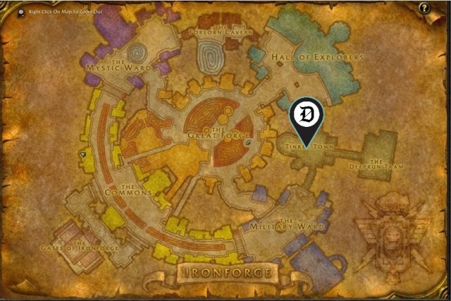 Map of Ironforge, showing the exact location of Master Mechanic Castpipe NPC.