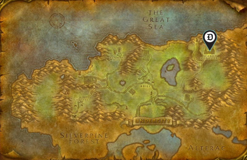 Map showing the location of the Scarlet Monastery in WoW Classic.