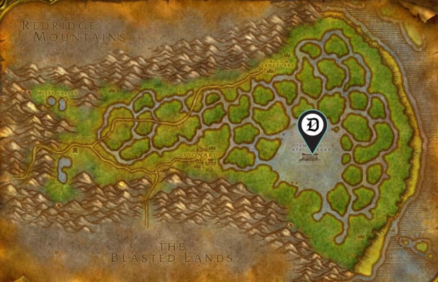 Image of the map of the Swamp of Sorrows showing the Sunken Temple.