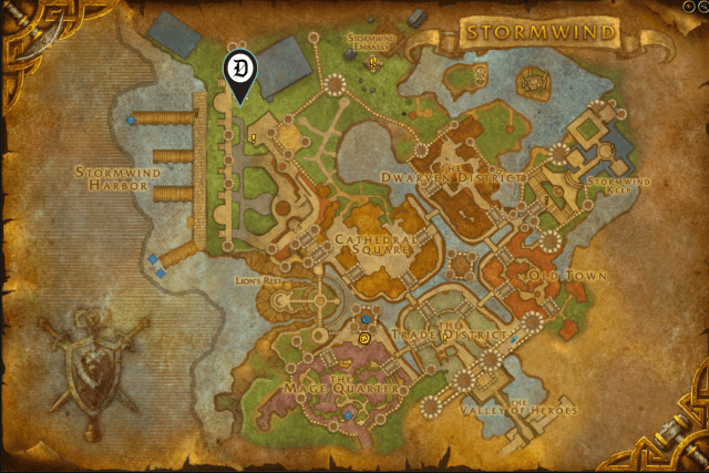 Map of Stormwind, showing where to find Hearthstone portal.