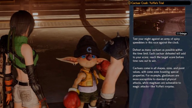 Kid G speaking with Cloud with the instructions for Yuffie's Cactuar Crush minigame