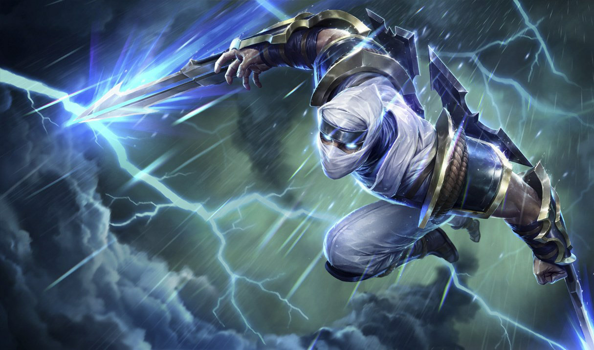 Zed dropping from the clouds, with lightnings around him.
