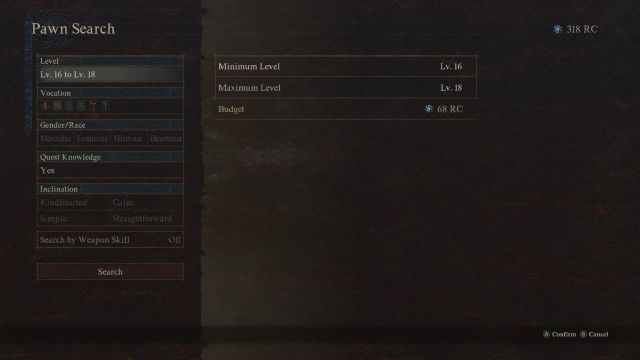 Screenshot of the advanced pawn search in Dragon's Dogma 2.