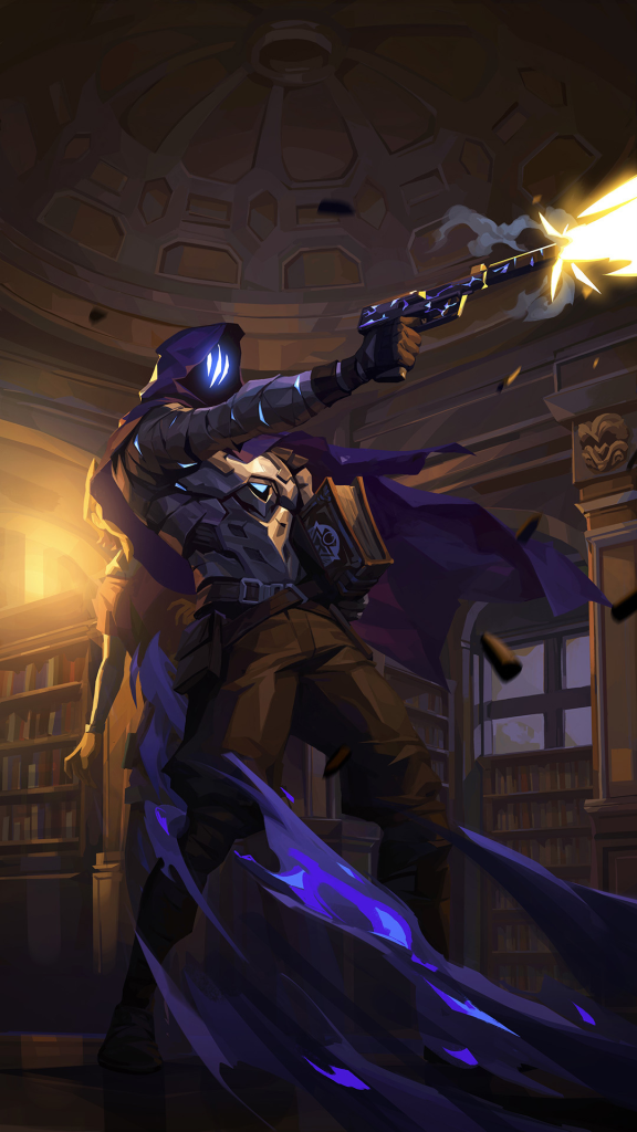 VALORANT agent Omen firing a Ghost pistol while holding a large, old book.