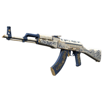 The AK-47 automatic rifle in CS2 painted in snow white with blue streaks all throughout. The magazine is also dark blue with a golden accent. 