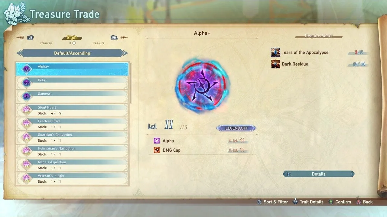 A screenshot of the Alpha+ sigil purchase at Siero's in Relink.