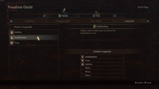 A screenshot from the Vocation Guild screen in Dragon's Dogma 2, showing augments.