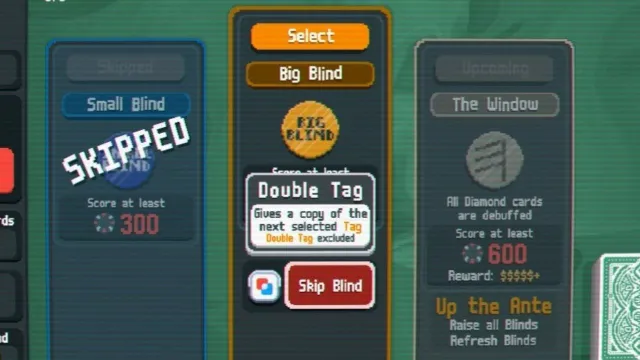A screenshot of the Double Tag being selected while skipping the Big Blind in Balatro.