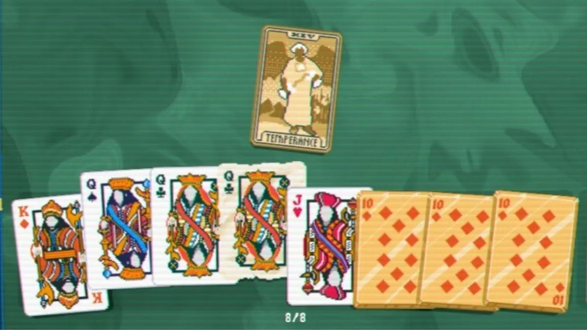 A Balatro playing hand showing three queens and three golden 10s.