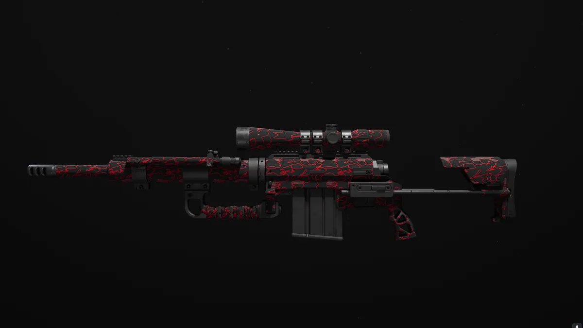 The FJX Imperium sniper rifle, with a red and black camo, against a black background.