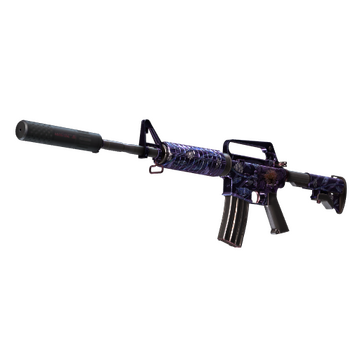 M4A1-s from CS2 painted in a metallic purple with flowers and lotuses drawn on its sides. 