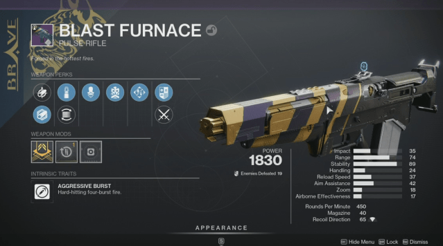 The Blast Furnace pulse rifle from Destiny 2.