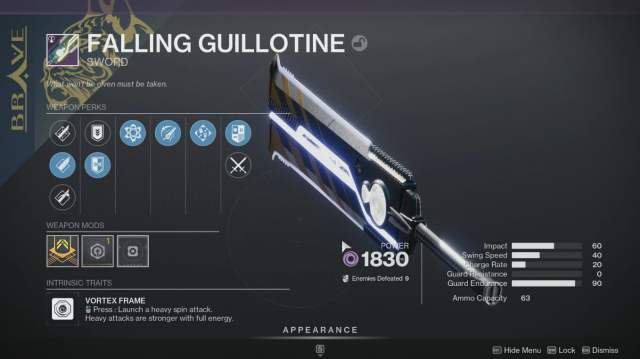 The Falling Guillotine sword from Destiny 2.