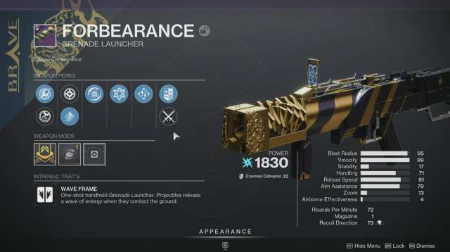 The Forbearance grenade launcher from Destiny 2.