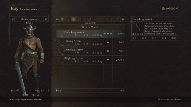 A screenshot of the store in Dragon's Dogma 2 showing special arrows to purchase.