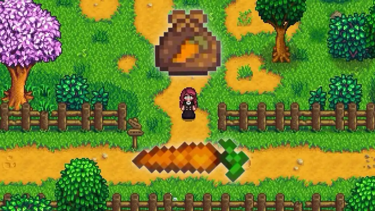 The player standing next to Carrots and Carrot Seeds in Stardew Valley.