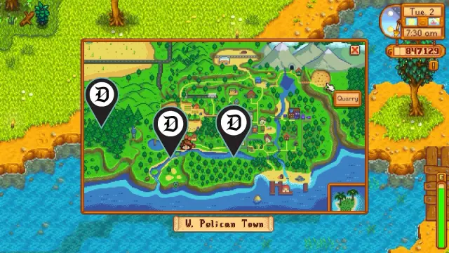A map with Catfish locations in Stardew Valley.