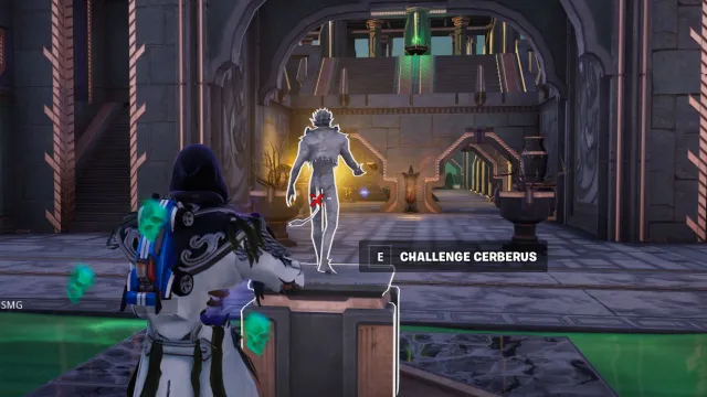 A screenshot of the player character about to challenge Cerberus in Fortnite.