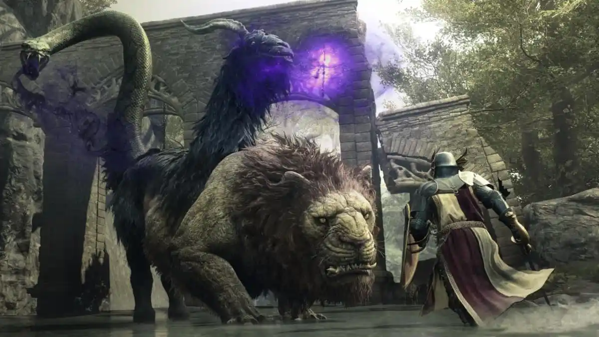 A player in Dragon's Dogma 2 fighting a Chimera.