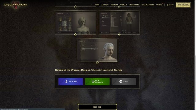 Dragon's Dogma 2 official webpage with download links to the character creator