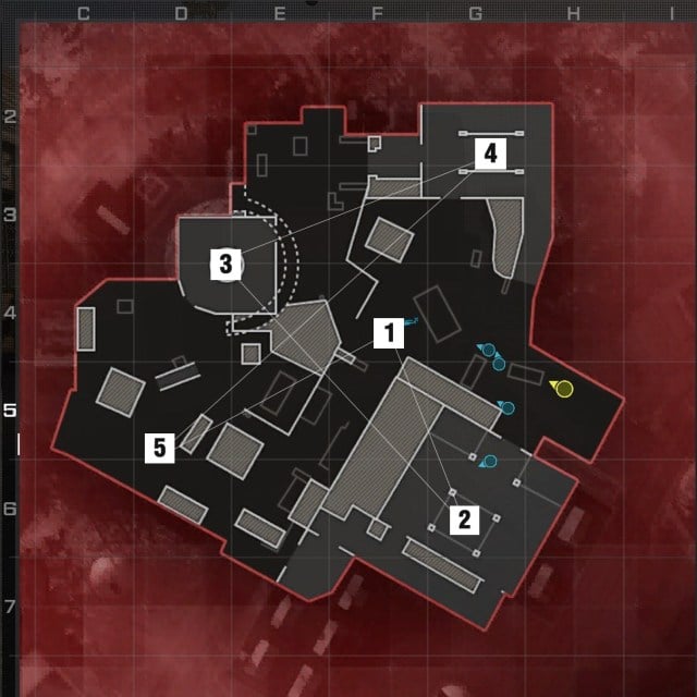 A screenshot of the CoD map Dome with each hardpoint shown in order.