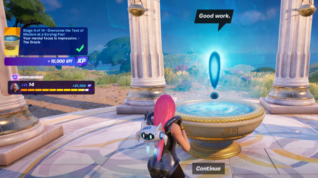 The player finishing the Test of Wisdom in Fortnite.