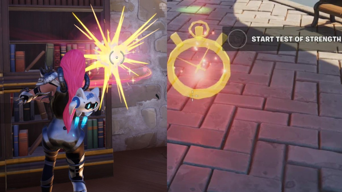 The player dealing damage next to the icon for the Test of Strength in Fortnite.