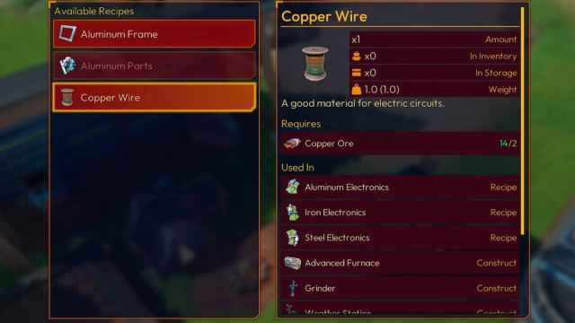 Copper Ore recipe at the Assembler in Lightyear Frontier.