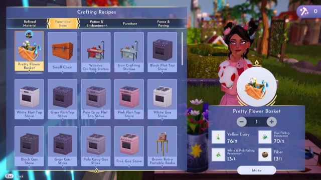 The player about to craft a Pretty Flower Basket in Disney Dreamlight Valley.