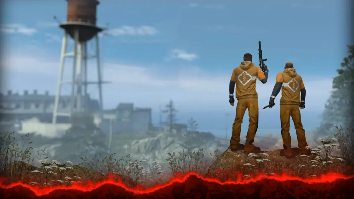 Two players in prison outfits stand on a hill near a small town in Counter-Strike.