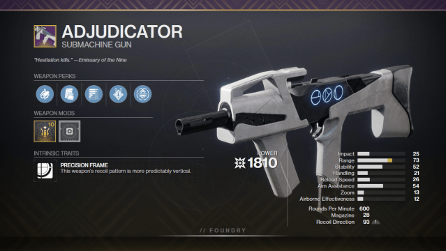A graphic depicting Adjudicator with its perks and stats. It has Subsistence and Onslaught equipped.