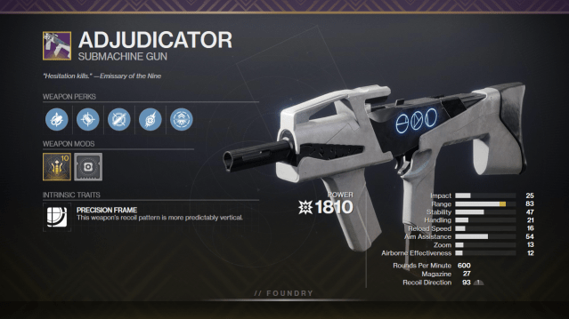 A graphic depicting Adjudicator with its perks and stats. It has Dynamic Sway Reduction and Fragile Focus equipped.