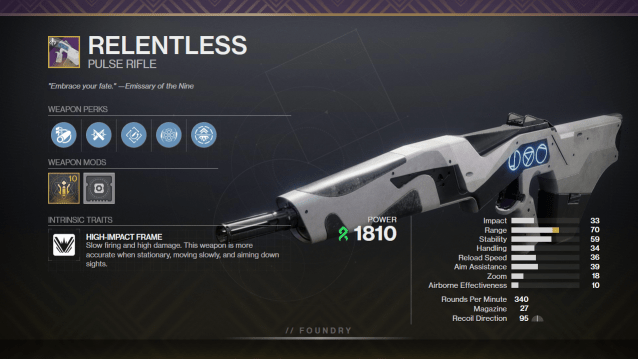 A graphic depicting Relentless alongside its perks and stats. It has Rapid Hit and Desperado equipped.
