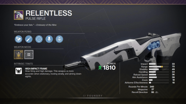 A graphic depicting Relentless alongside its perks and stats. It has Keep Away and Headseeker equipped.