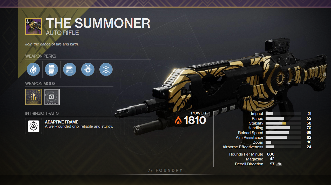 A graphic depicting The Summoner auto rifle with its perks and statistics. It has Subsistence and Onslaught equipped.