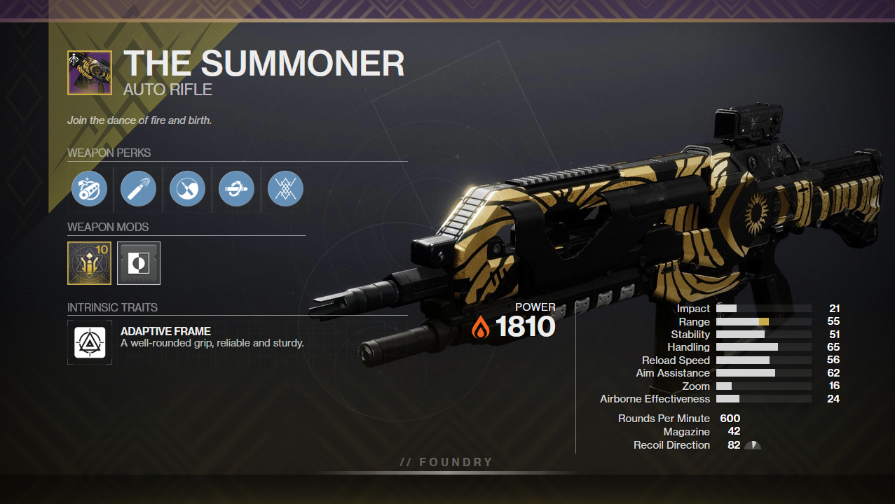 A graphic depicting The Summoner auto rifle with its perks and stats. It has Zen Moment and Kill Clip equipped.