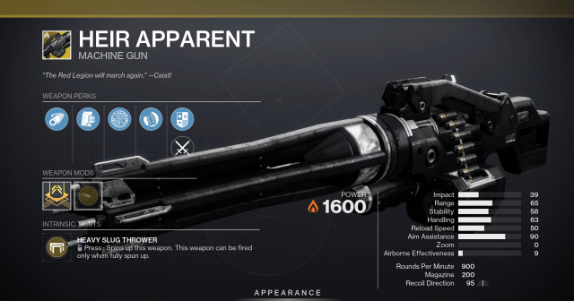 The Heir Apparent machine gun from Destiny 2 with its stats and perks shown.