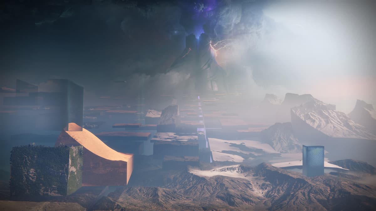 Landscape of the Pale Heart destination in Destiny 2 with Witnesses' monument in the background